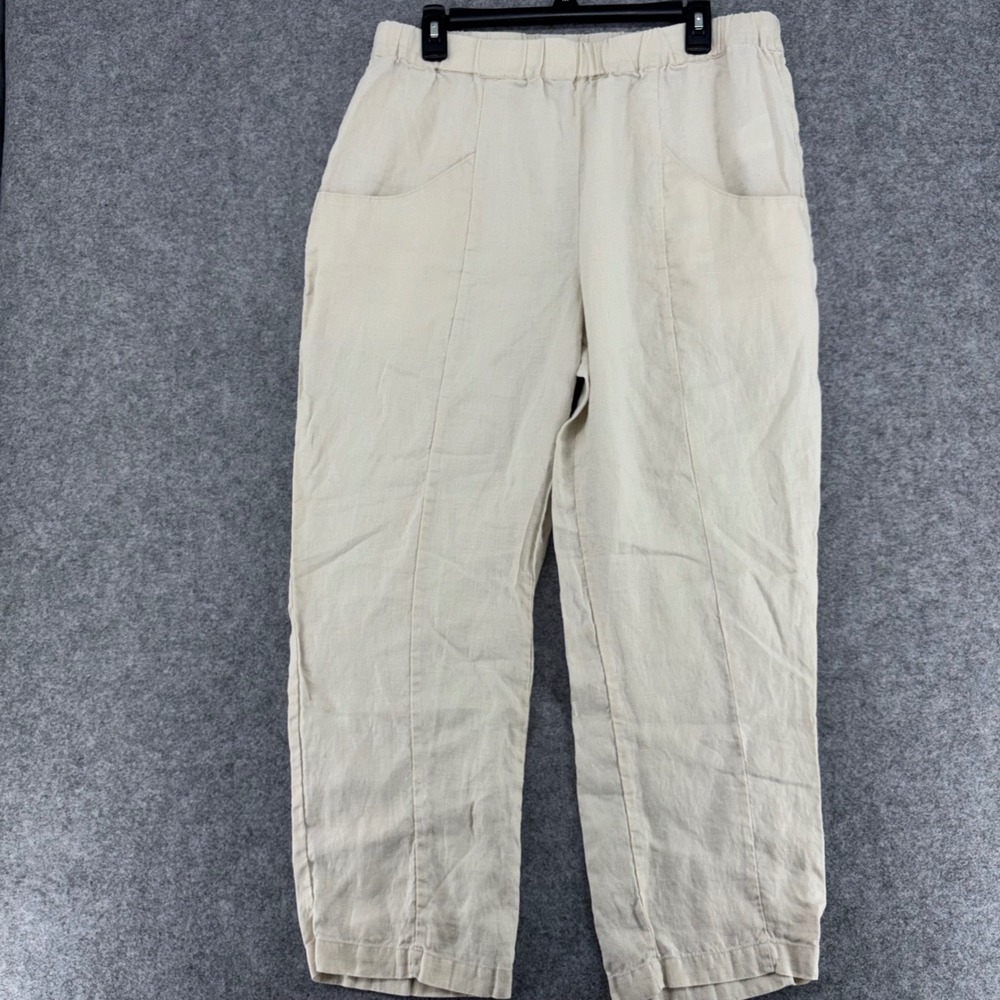 Quince Women Beige 100% European Flax Linen Elastic Waist Relaxed Pants Large